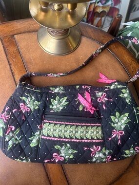 Vera Bradley Black Quilted Floral Shoulder Bag with Pink & Green Accents